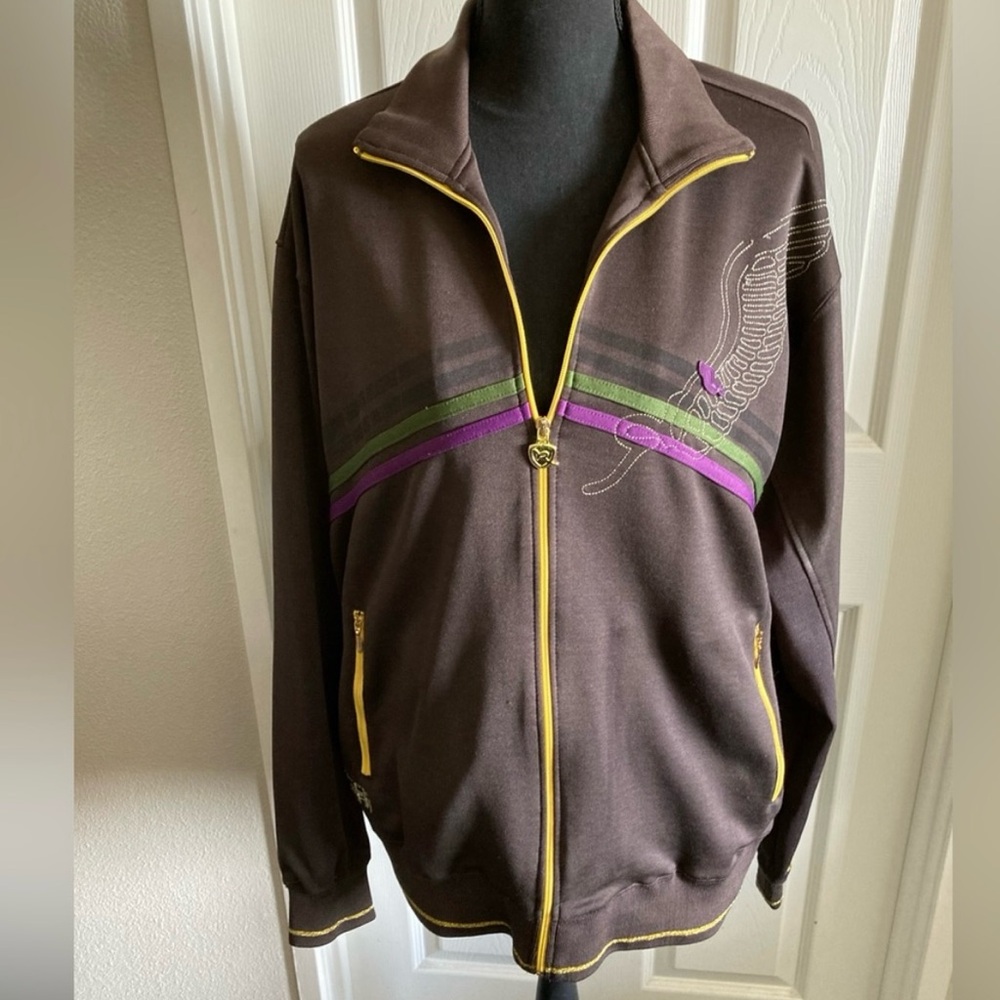 Rocawear Taupe-Brown Jacket with Yellow and Purple Details Vintage Y2K Hip-Hop